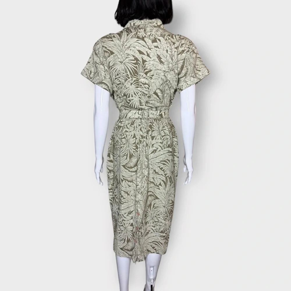 Vintage Late 1970s Early 80s Green Tropical Print Cotton Midi Dress - Picture 7 of 8